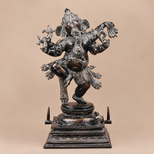 Brassaura® Dancing Ganesha Idol with Black & Silver Antique Finish | Pure Superfine Brass Handcrafted Murti | Brass Statue for Home Temple, Pooja Room | Height 30 Inches | Weight 34.24 Kgs