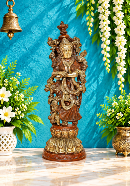 Brassaura® Radha Standing Flute-Playing Idol with Antique Brown and Golden Finish | Pure Superfine Brass Handcrafted Murti | Brass Statue for Home Temple, Pooja Room | Height 20 Inches | Weight 7.8 Kgs