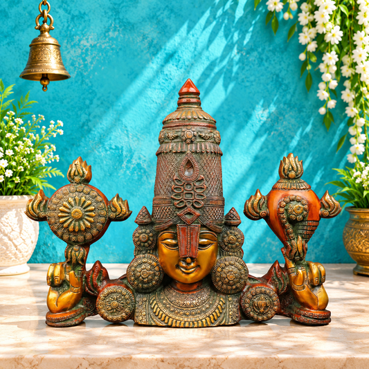 Brassaura® Lord Venkateshwara Tirupati Balaji Face Wall Hanging with Multi-Color Finish | Pure Superfine Brass Handcrafted Murti | Brass Statue for Home Temple, Pooja Room | Height 15 Inches | Weight 10.7 Kgs