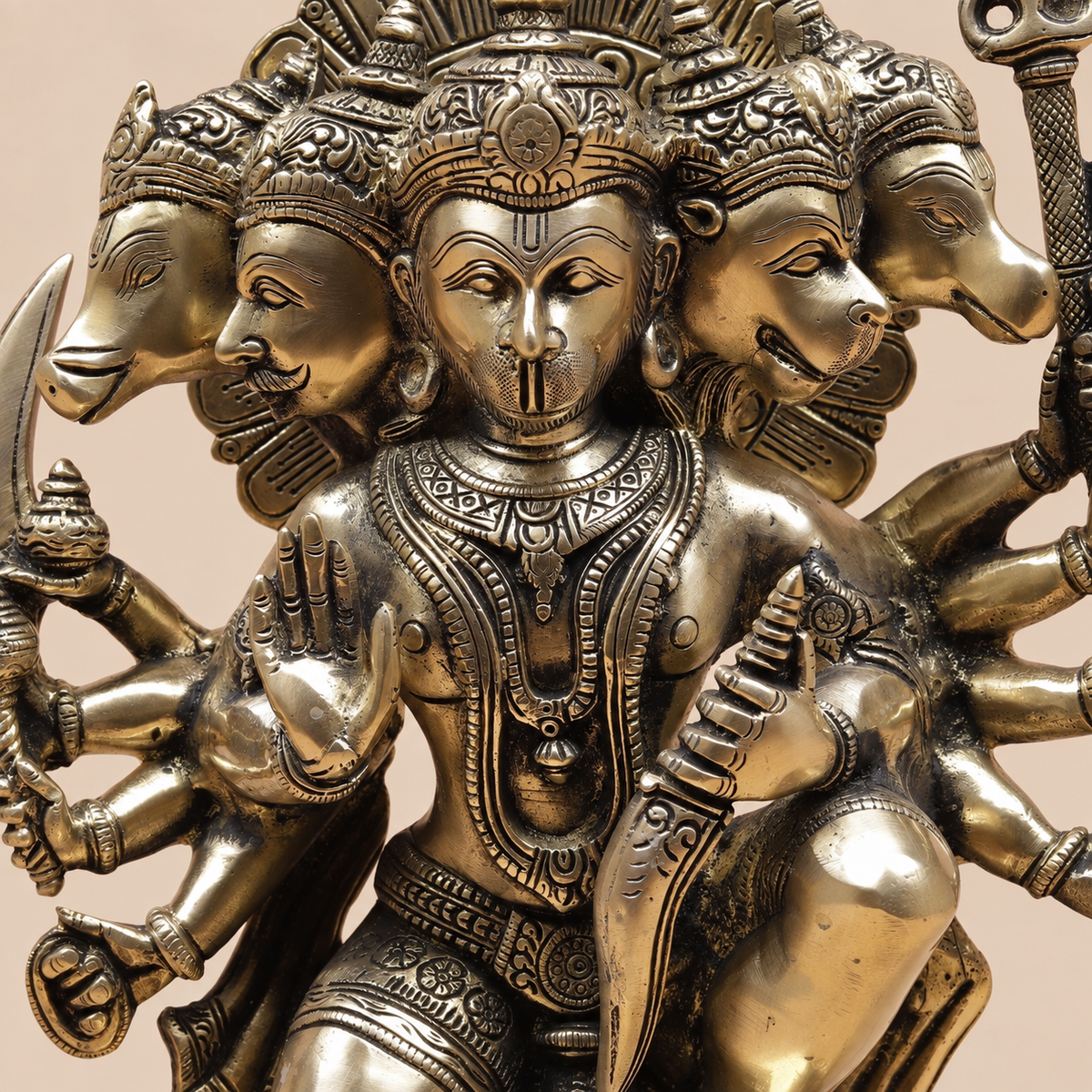 Brassaura® Panchmukhi Hanuman Seated Idol with Antique Brass Finish | Pure Superfine Brass Handcrafted Murti | Brass Statue for Home Temple, Pooja Room | Height 11 Inches | Weight 5.98 Kgs