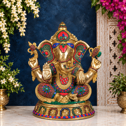 Brassaura® Seated Lord Ganesha with Stonework | Handcrafted Brass Idol | Height 15 Inches & Weight 15.45 Kgs