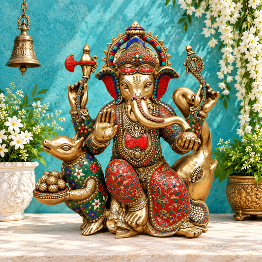 Brassaura® Ganesha Seated with Rat and Elephant Idol with Multi-Color Meenakari Finish | Pure Superfine Brass Handcrafted Murti | Brass Statue for Home Temple, Pooja Room | Height 21 Inches | Weight 29.94 Kgs