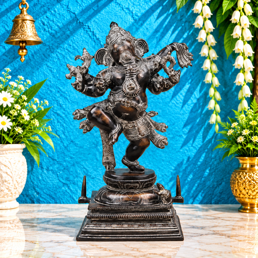 Brassaura® Dancing Ganesha Idol with Black & Silver Antique Finish | Pure Superfine Brass Handcrafted Murti | Brass Statue for Home Temple, Pooja Room | Height 30 Inches | Weight 34.24 Kgs