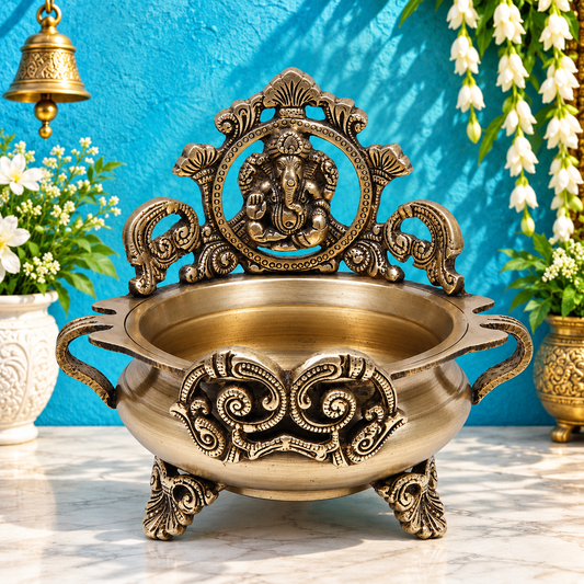 Brassaura® Ganesha Urli with Decorative Backrest and Antique Finish | Pure Superfine Brass Handcrafted Murti | Brass Statue for Home Temple, Pooja Room | Height 7.5 Inches | Weight 1.52 Kgs