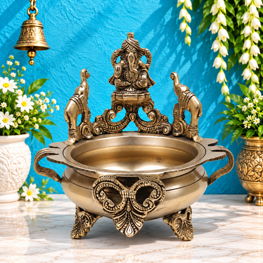 Brassaura® Ganesha Urli with Elephant Backrest and Antique Finish | Pure Superfine Brass Handcrafted Murti | Brass Statue for Home Temple, Pooja Room | Height 7.5 Inches | Weight 1.66 Kgs