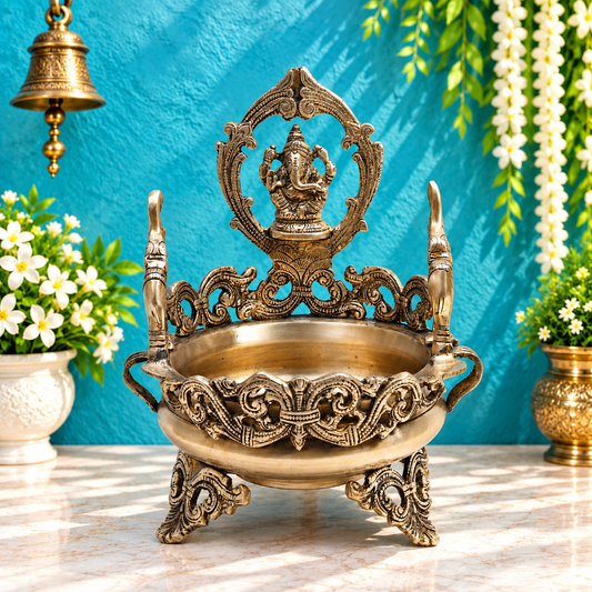 Brassaura® Ganesha Urli with Decorative Backrest and Antique Finish | Pure Superfine Brass Handcrafted Murti | Brass Statue for Home Temple, Pooja Room | Height 11 Inches | Weight 3.44 Kgs