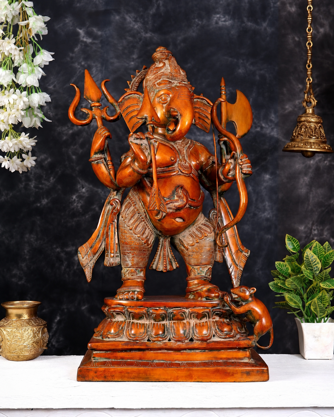 Brassaura® Warrior Ganesha Standing Idol with Antique Finish | Pure Superfine Brass Handcrafted Murti | Brass Statue for Home Temple, Pooja Room | Height 28.5 Inches | Weight 32.7 Kgs