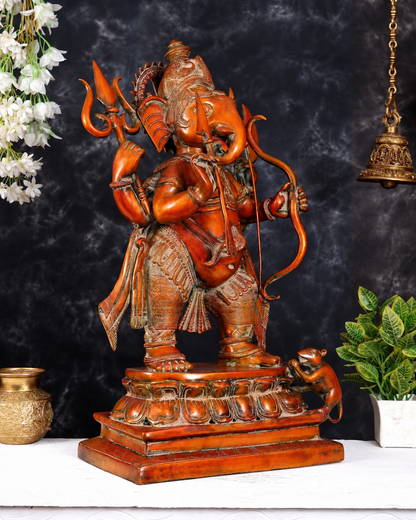 Brassaura® Warrior Ganesha Standing Idol with Antique Finish | Pure Superfine Brass Handcrafted Murti | Brass Statue for Home Temple, Pooja Room | Height 28.5 Inches | Weight 32.7 Kgs