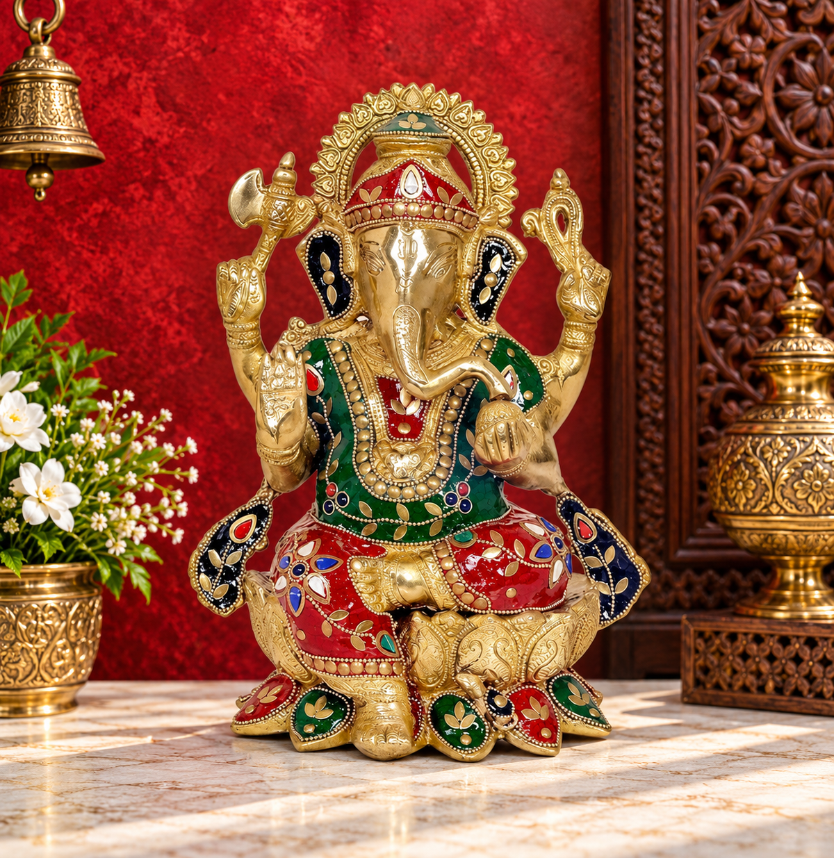 Brassaura® Brass Ganesha Lotus Statue Idol | Height 12 Inches | Weight: 5.8 kgs
