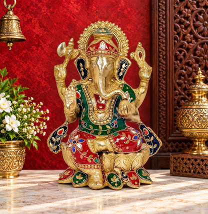 Brassaura® Brass Ganesha Lotus Statue Idol | Height 12 Inches | Weight: 5.8 kgs