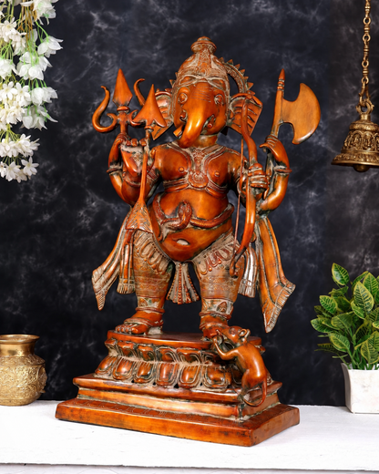 Brassaura® Warrior Ganesha Standing Idol with Antique Finish | Pure Superfine Brass Handcrafted Murti | Brass Statue for Home Temple, Pooja Room | Height 28.5 Inches | Weight 32.7 Kgs