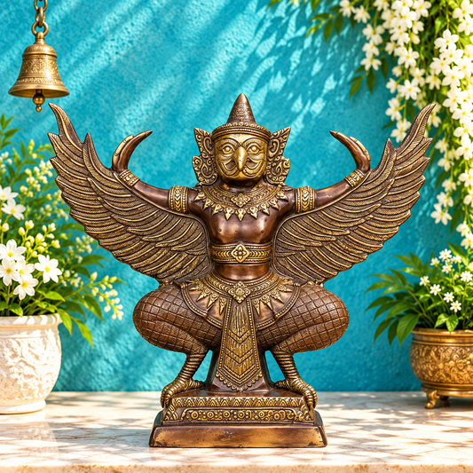 Brassaura® Garuda Open Wings Idol with Antique Finish | Pure Superfine Brass Handcrafted Murti | Brass Statue for Home Temple, Pooja Room | Height 12 Inches | Weight 7 Kgs