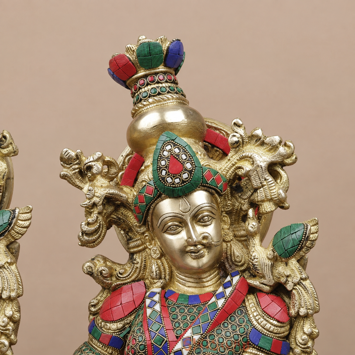 ब्रासोरा® वृंदावन वेणुगोपाल कृष्ण पीतल की प्रतिमा मोर के साथ | एंटीक नीला और सुनहरा रंग | ऊँचाई 20 इंच