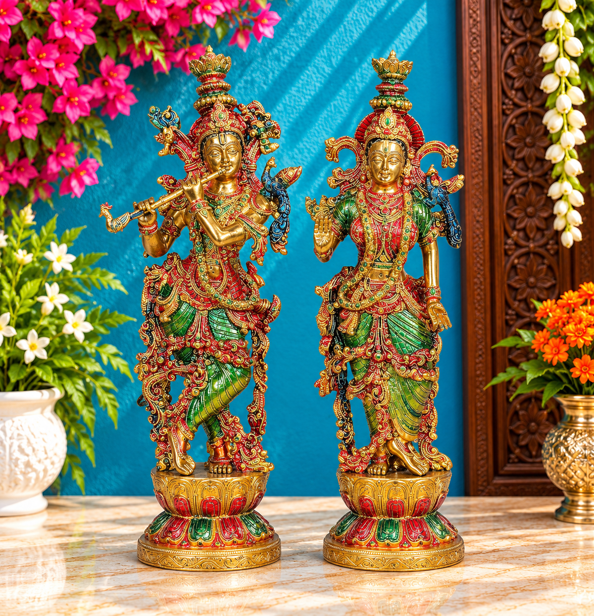 ब्रासोरा® वृंदावन वेणुगोपाल कृष्ण पीतल की प्रतिमा मोर के साथ | एंटीक नीला और सुनहरा रंग | ऊँचाई 20 इंच
