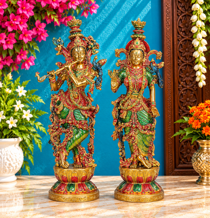 ब्रासोरा® वृंदावन वेणुगोपाल कृष्ण पीतल की प्रतिमा मोर के साथ | एंटीक नीला और सुनहरा रंग | ऊँचाई 20 इंच