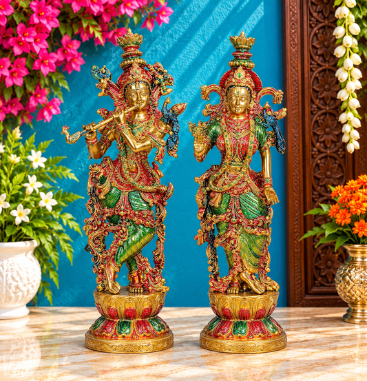 Brassaura® Brass Radha Krishna Statue Pair | 13.5 Inch Multicolor Idols | Handcrafted Brass Murti Set for Home & Temple | Weight: 6.5 kg (Combined)
