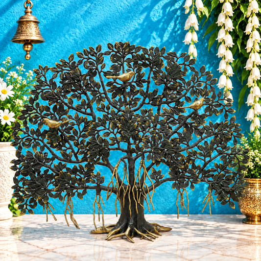 Brassaura® Tree of Life Sculpture with Golden Birds and Black & Golden Finish | Pure Superfine Brass Handcrafted Murti | Brass Statue for Home Temple, Pooja Room | Height 26.5 Inches | Weight 14.84 Kgs