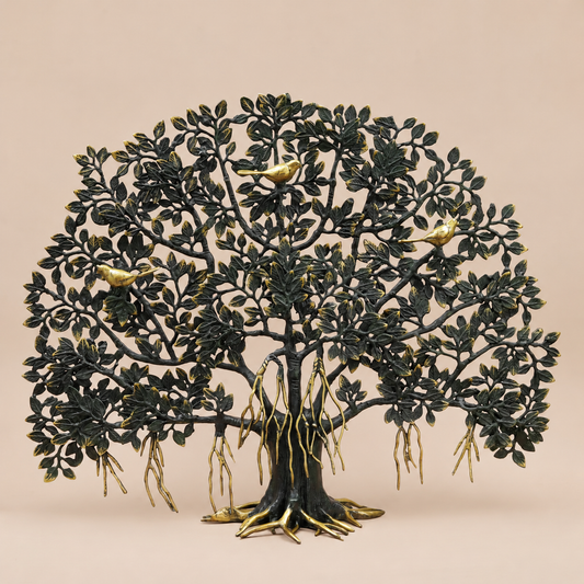 Brassaura® Tree of Life Sculpture with Golden Birds and Black & Golden Finish | Pure Superfine Brass Handcrafted Murti | Brass Statue for Home Temple, Pooja Room | Height 26.5 Inches | Weight 14.84 Kgs