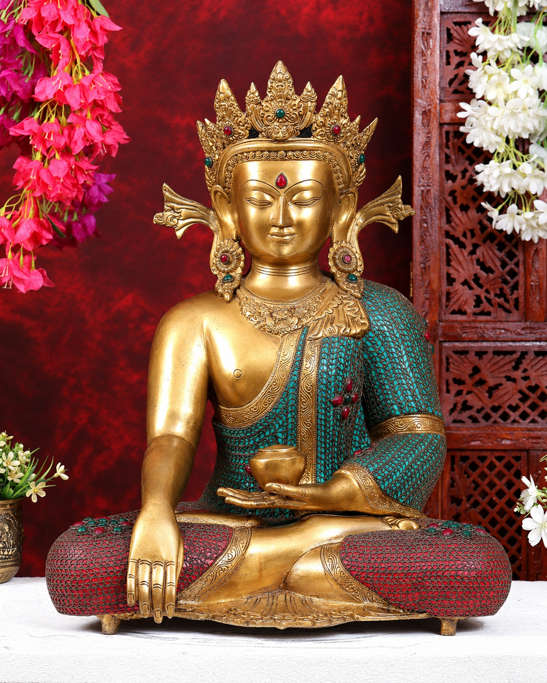 Brassaura® Buddha Crown Bhumisparsha Mudra Idol with Golden & Multi-Color Inlay Finish | Pure Superfine Brass Handcrafted Murti | Brass Statue for Home Temple, Pooja Room | Height 22 Inches | Weight 23.78 Kgs
