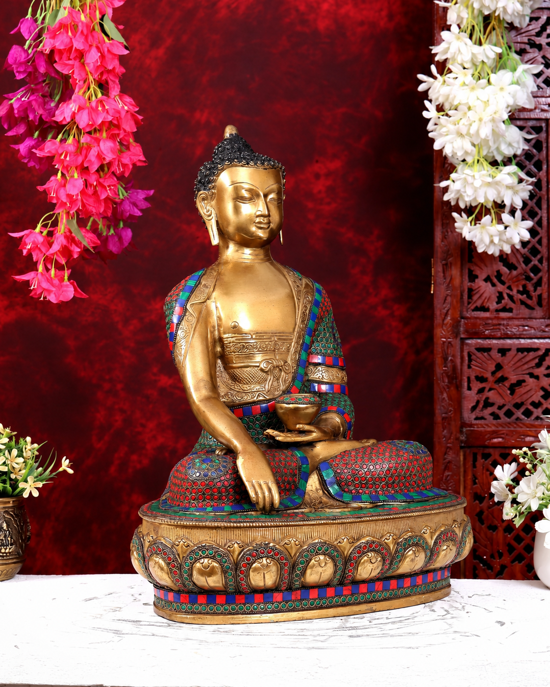 ब्रासोरा® वृंदावन वेणुगोपाल कृष्ण पीतल की प्रतिमा मोर के साथ | एंटीक नीला और सुनहरा रंग | ऊँचाई 20 इंच