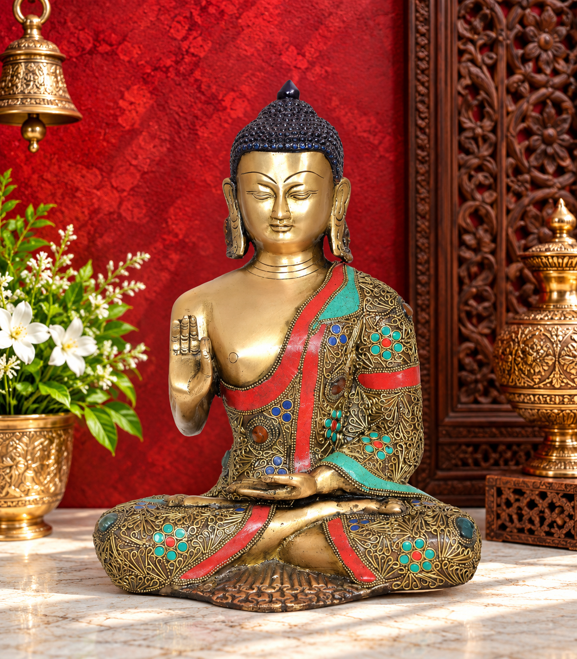 Brassaura® Buddha Statue in Dhyan Mudra with Traditional Handcrafted Multi-Tone Finish | Pure Superfine Brass Handcrafted Murti | Brass Statue for Home Temple, Pooja Room | Height 12.5 Inches | Weight 5.35 Kgs