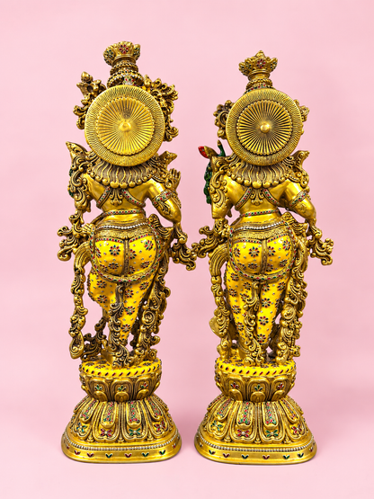Brassaura® Radha Krishna Standing Idol Pair with Antique Brass Finish with Inlay Detailing | Pure Superfine Brass Handcrafted Murti | Brass Statue for Home Temple, Pooja Room | Height 30 Inches | Weight 35 Kgs