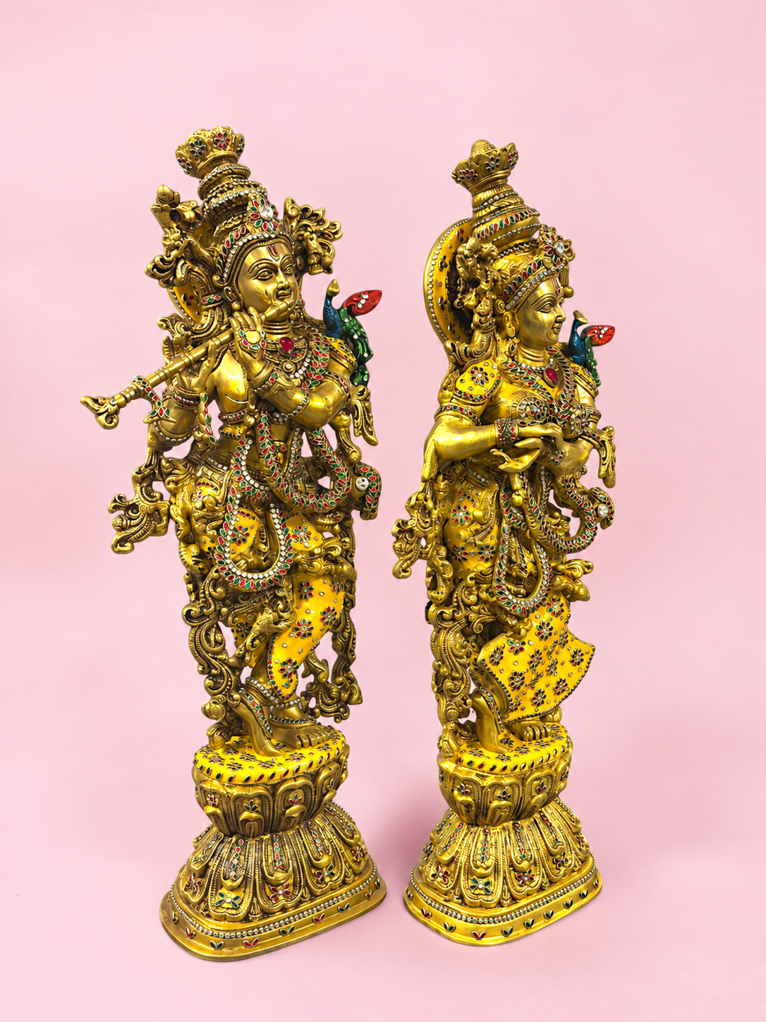 Brassaura® Radha Krishna Standing Idol Pair with Antique Brass Finish with Inlay Detailing | Pure Superfine Brass Handcrafted Murti | Brass Statue for Home Temple, Pooja Room | Height 30 Inches | Weight 35 Kgs