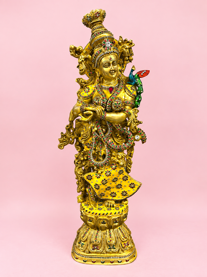 Brassaura® Radha Krishna Standing Idol Pair with Antique Brass Finish with Inlay Detailing | Pure Superfine Brass Handcrafted Murti | Brass Statue for Home Temple, Pooja Room | Height 30 Inches | Weight 35 Kgs