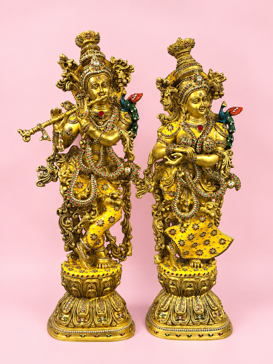 Brassaura® Radha Krishna Standing Idol Pair with Antique Brass Finish with Inlay Detailing | Pure Superfine Brass Handcrafted Murti | Brass Statue for Home Temple, Pooja Room | Height 30 Inches | Weight 35 Kgs