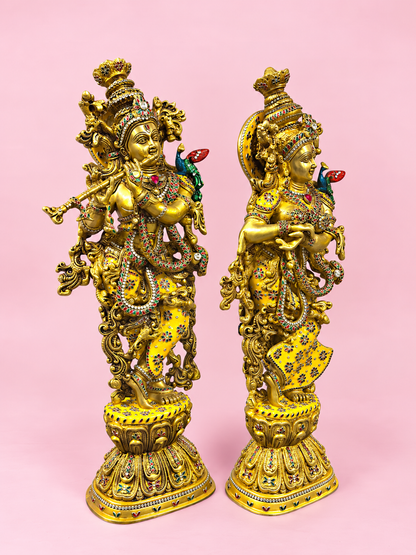 Brassaura® Radha Krishna Standing Idol Pair with Antique Brass Finish with Inlay Detailing | Pure Superfine Brass Handcrafted Murti | Brass Statue for Home Temple, Pooja Room | Height 30 Inches | Weight 35 Kgs