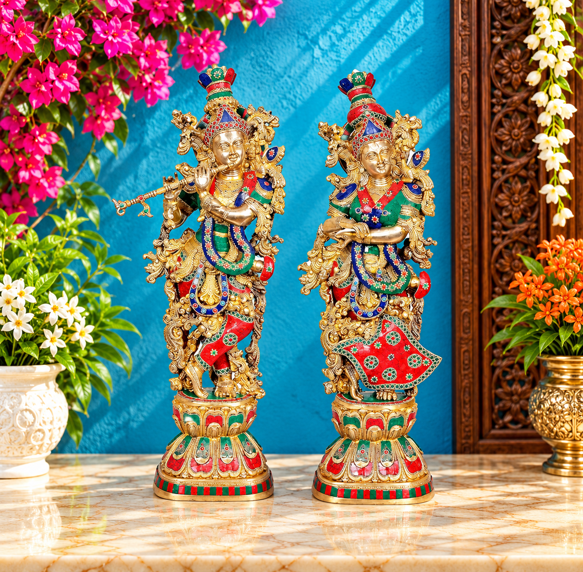 Brassaura® Brass Radha Krishna Statue Pair | Large Brass Idols | Handcrafted Divine Murti Set for Home & Temple| Height 29 Inch  | Weight: 30 kg (Combined)