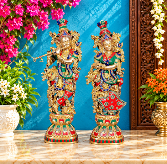 Brassaura® Brass Radha Krishna Statue Pair | Large Brass Idols | Handcrafted Divine Murti Set for Home & Temple| Height 29 Inch  | Weight: 30 kg (Combined)