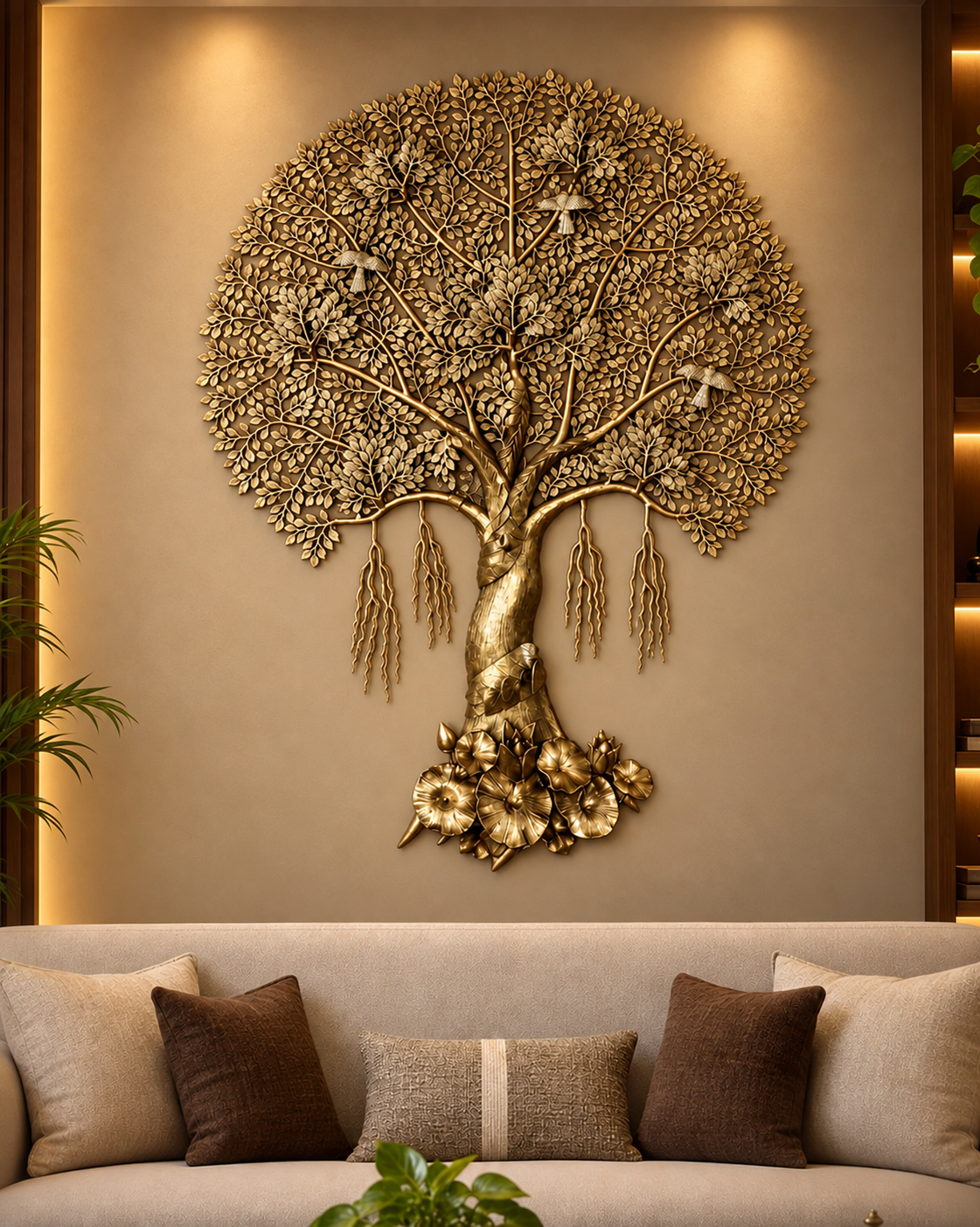 Brassaura® Ornate Golden Kalpavriksha Tree of Life Wall Hanging from Brassaura® | Pure Brass Handcrafted Wall Décor | Intricate Leaf & Root Design | Height 72 Inches | Weight 48.5 Kgs