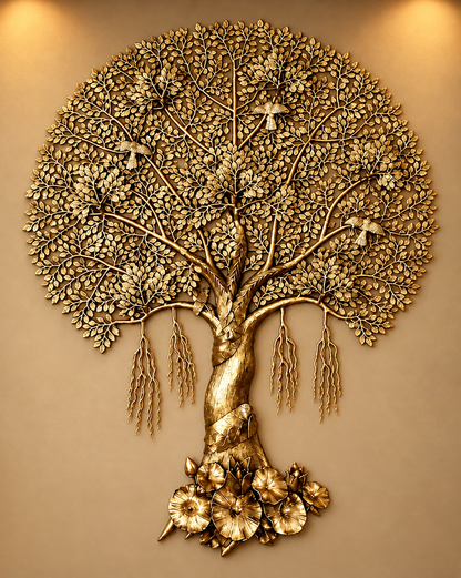Brassaura® Ornate Golden Kalpavriksha Tree of Life Wall Hanging from Brassaura® | Pure Brass Handcrafted Wall Décor | Intricate Leaf & Root Design | Height 72 Inches | Weight 48.5 Kgs