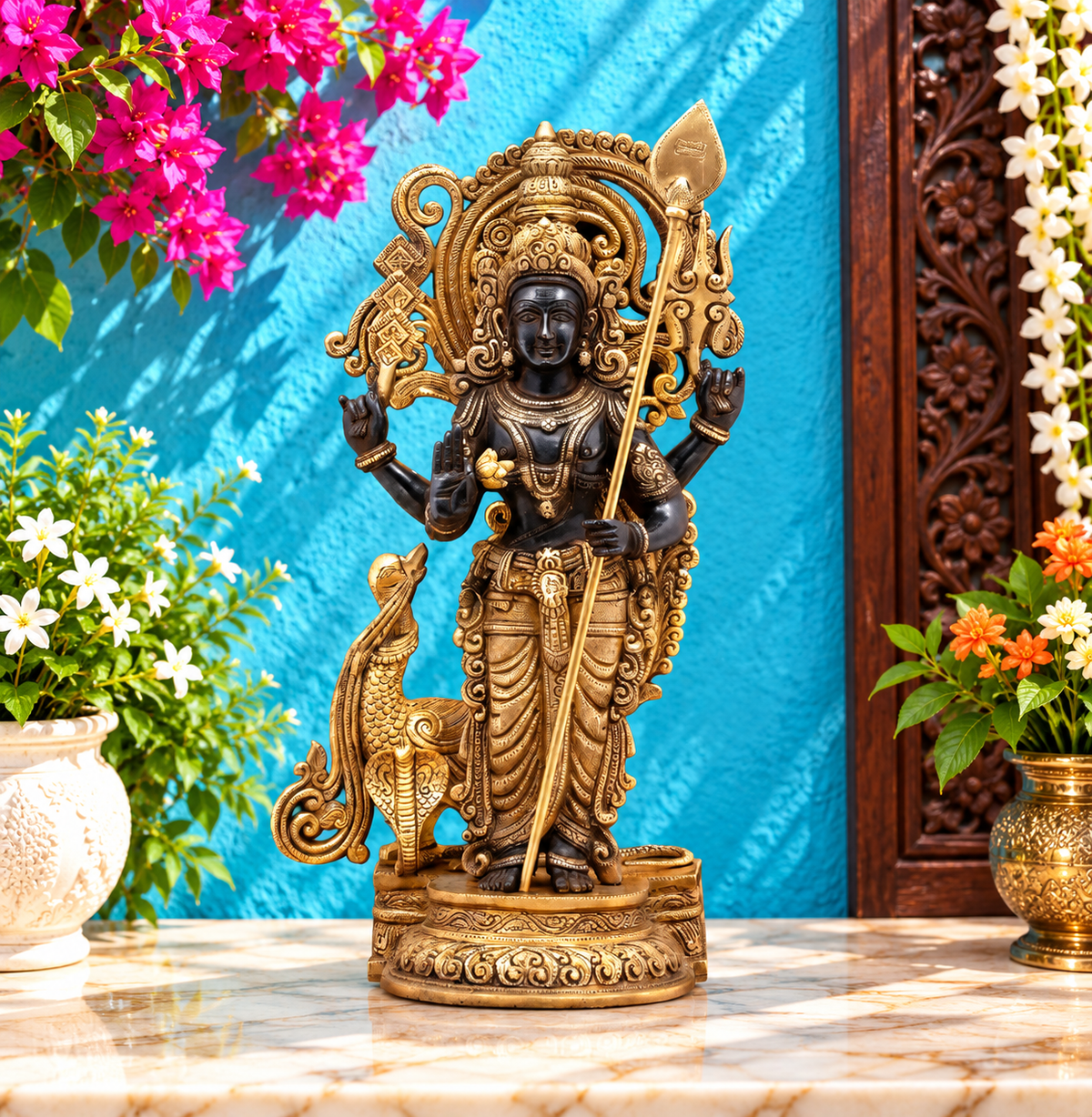 ब्रासोरा® वृंदावन वेणुगोपाल कृष्ण पीतल की प्रतिमा मोर के साथ | एंटीक नीला और सुनहरा रंग | ऊँचाई 20 इंच