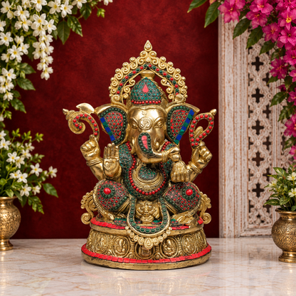 Brassaura® Sitting Ganesha with Ring Stonework | Handcrafted Brass Idol | Height 14 Inches & Weight 17.5 Kgs