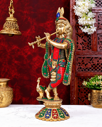 Brassaura® Standing Lord Krishna Idol with Flute and Multicolour Stonework | Pure Superfine Brass Handcrafted Murti | Brass Statue for Home Temple, Pooja Room | Height 19 Inches | Weight 7.5 Kgs