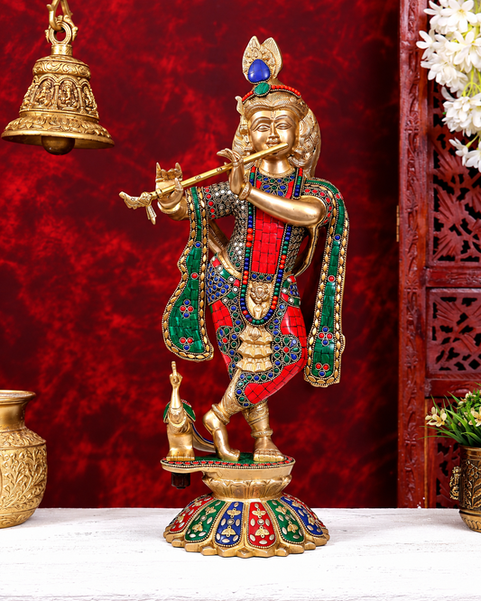 Brassaura® Standing Lord Krishna Idol with Flute and Multicolour Stonework | Pure Superfine Brass Handcrafted Murti | Brass Statue for Home Temple, Pooja Room | Height 19 Inches | Weight 7.5 Kgs