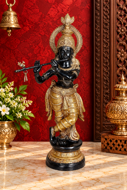 ब्रासोरा® वृंदावन वेणुगोपाल कृष्ण पीतल की प्रतिमा मोर के साथ | एंटीक नीला और सुनहरा रंग | ऊँचाई 20 इंच