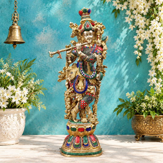 Brassaura® Krishna Standing Flute Playing Idol with Multi-Color Finish | Pure Superfine Brass Handcrafted Murti | Brass Statue for Home Temple, Pooja Room | Height 30 Inches | Weight 16.62 Kgs