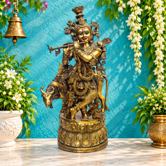 ब्रासोरा® वृंदावन वेणुगोपाल कृष्ण पीतल की प्रतिमा मोर के साथ | एंटीक नीला और सुनहरा रंग | ऊँचाई 20 इंच