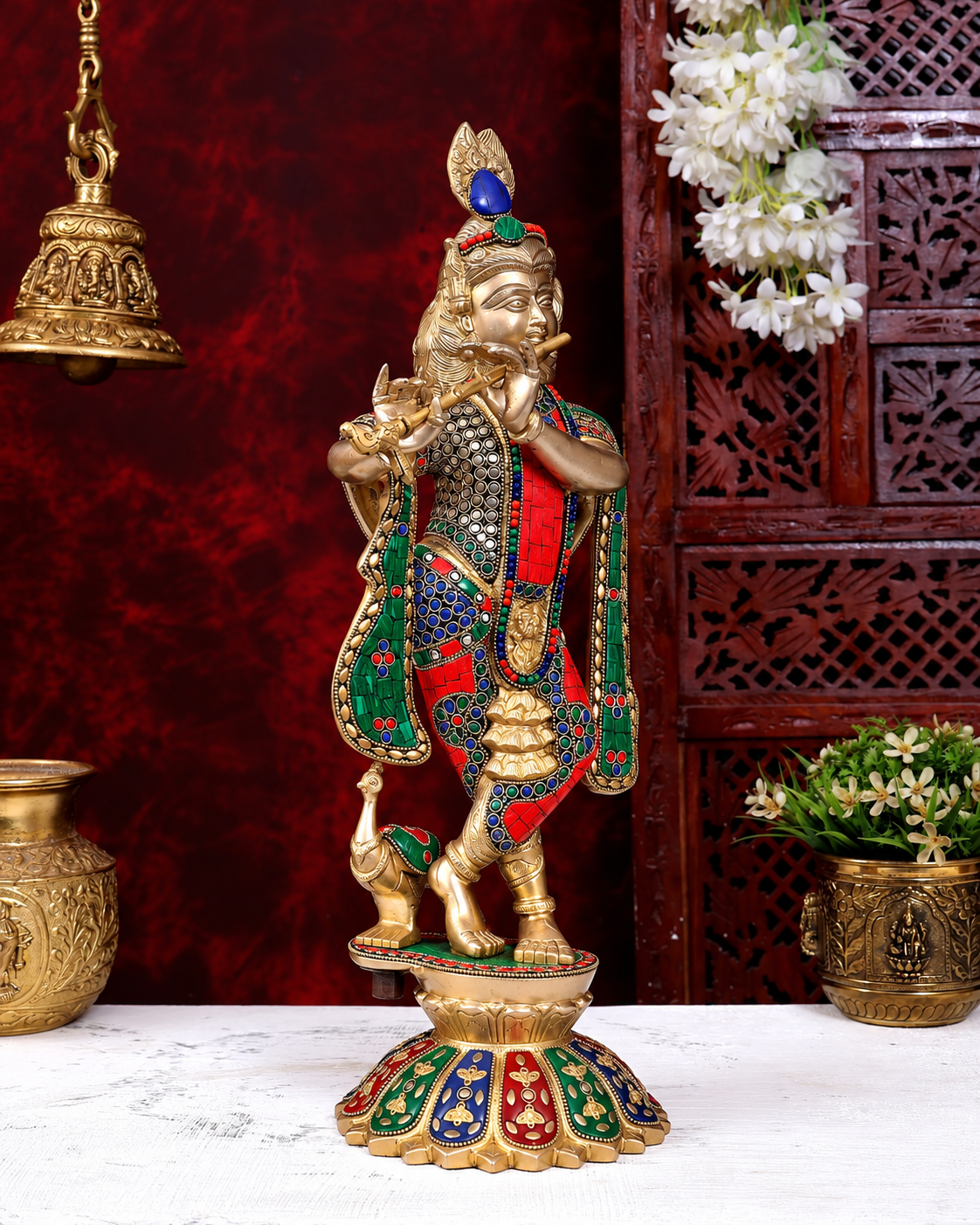 Brassaura® Standing Lord Krishna Idol with Flute and Multicolour Stonework | Pure Superfine Brass Handcrafted Murti | Brass Statue for Home Temple, Pooja Room | Height 19 Inches | Weight 7.5 Kgs