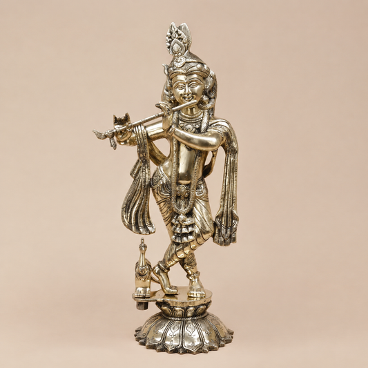 Brassaura® Krishna Standing Flute Playing Idol with Silver & Golden Finish | Pure Superfine Brass Handcrafted Murti | Brass Statue for Home Temple, Pooja Room | Height 19 Inches | Weight 7.64 Kgs