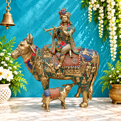 ब्रासोरा® वृंदावन वेणुगोपाल कृष्ण पीतल की प्रतिमा मोर के साथ | एंटीक नीला और सुनहरा रंग | ऊँचाई 20 इंच