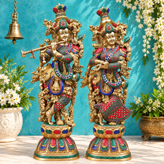 Brassaura® Radha Krishna Standing Idol Pair with Multi-Color Finish | Pure Superfine Brass Handcrafted Murti | Brass Statue for Home Temple, Pooja Room | Height 30 Inches | Weight 33.4 Kgs