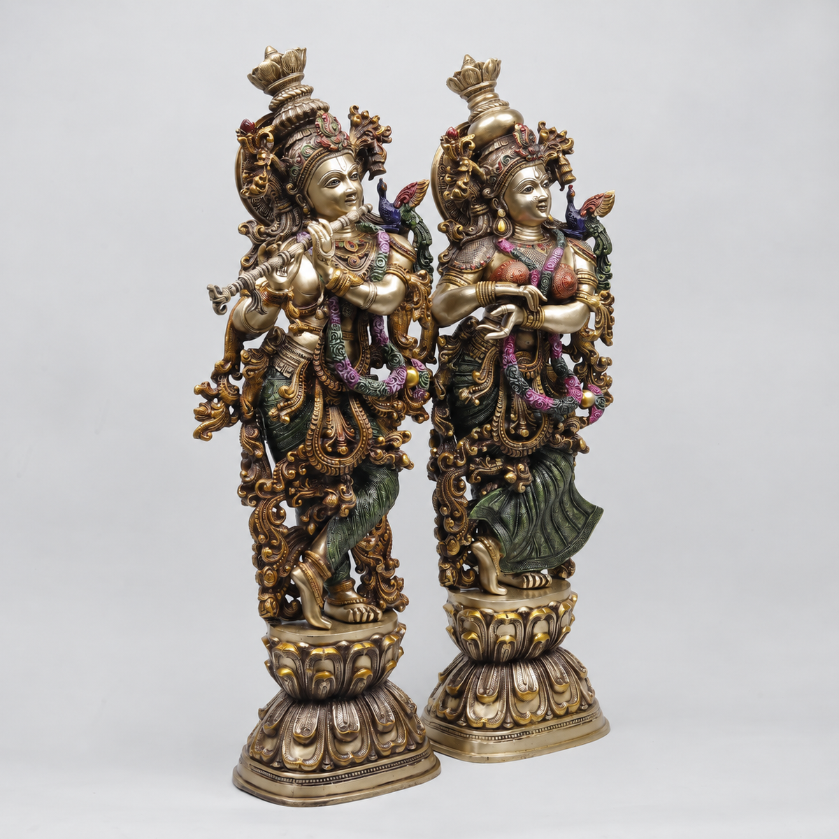 Brassaura® Radha Krishna Standing Idol Pair with Multi-Color Finish | Pure Superfine Brass Handcrafted Murti | Brass Statue for Home Temple, Pooja Room | Height 29.5 Inches | Weight 39.94 Kgs