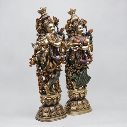 Brassaura® Radha Krishna Standing Idol Pair with Multi-Color Finish | Pure Superfine Brass Handcrafted Murti | Brass Statue for Home Temple, Pooja Room | Height 29.5 Inches | Weight 39.94 Kgs