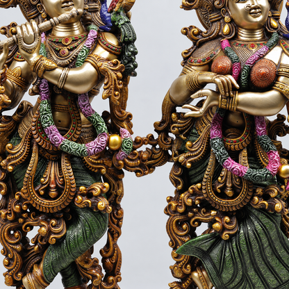 Brassaura® Radha Krishna Standing Idol Pair with Multi-Color Finish | Pure Superfine Brass Handcrafted Murti | Brass Statue for Home Temple, Pooja Room | Height 29.5 Inches | Weight 39.94 Kgs