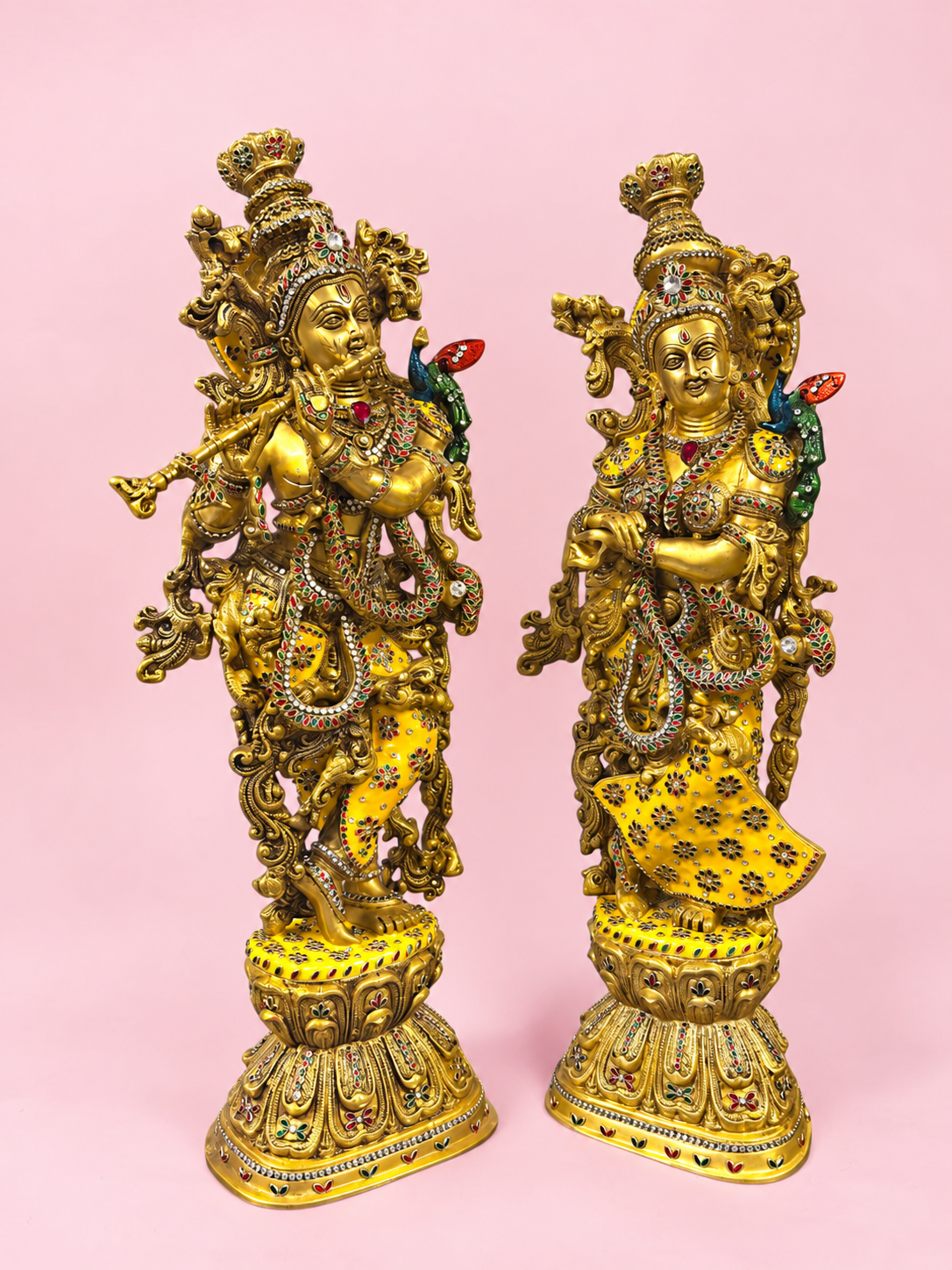 Brassaura® Radha Krishna Standing Idol Pair with Antique Brass Finish with Inlay Detailing | Pure Superfine Brass Handcrafted Murti | Brass Statue for Home Temple, Pooja Room | Height 30 Inches | Weight 35 Kgs