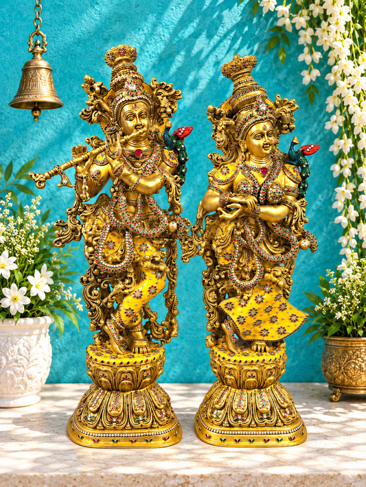 Brassaura® Radha Krishna Standing Idol Pair with Antique Brass Finish with Inlay Detailing | Pure Superfine Brass Handcrafted Murti | Brass Statue for Home Temple, Pooja Room | Height 30 Inches | Weight 35 Kgs